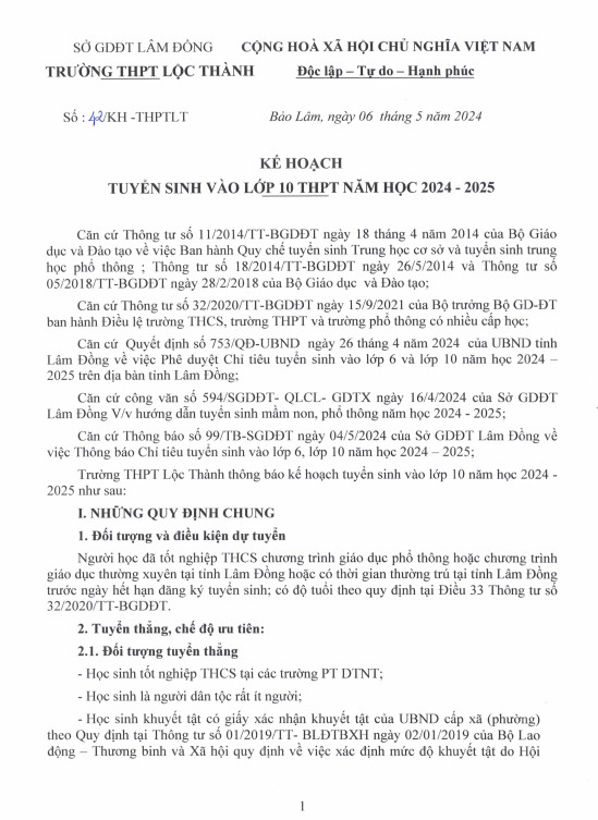 KẾ HOẠCH TUYỂN SINH VÀO LỚP 10 THPT NĂM HỌC 2024 - 2025