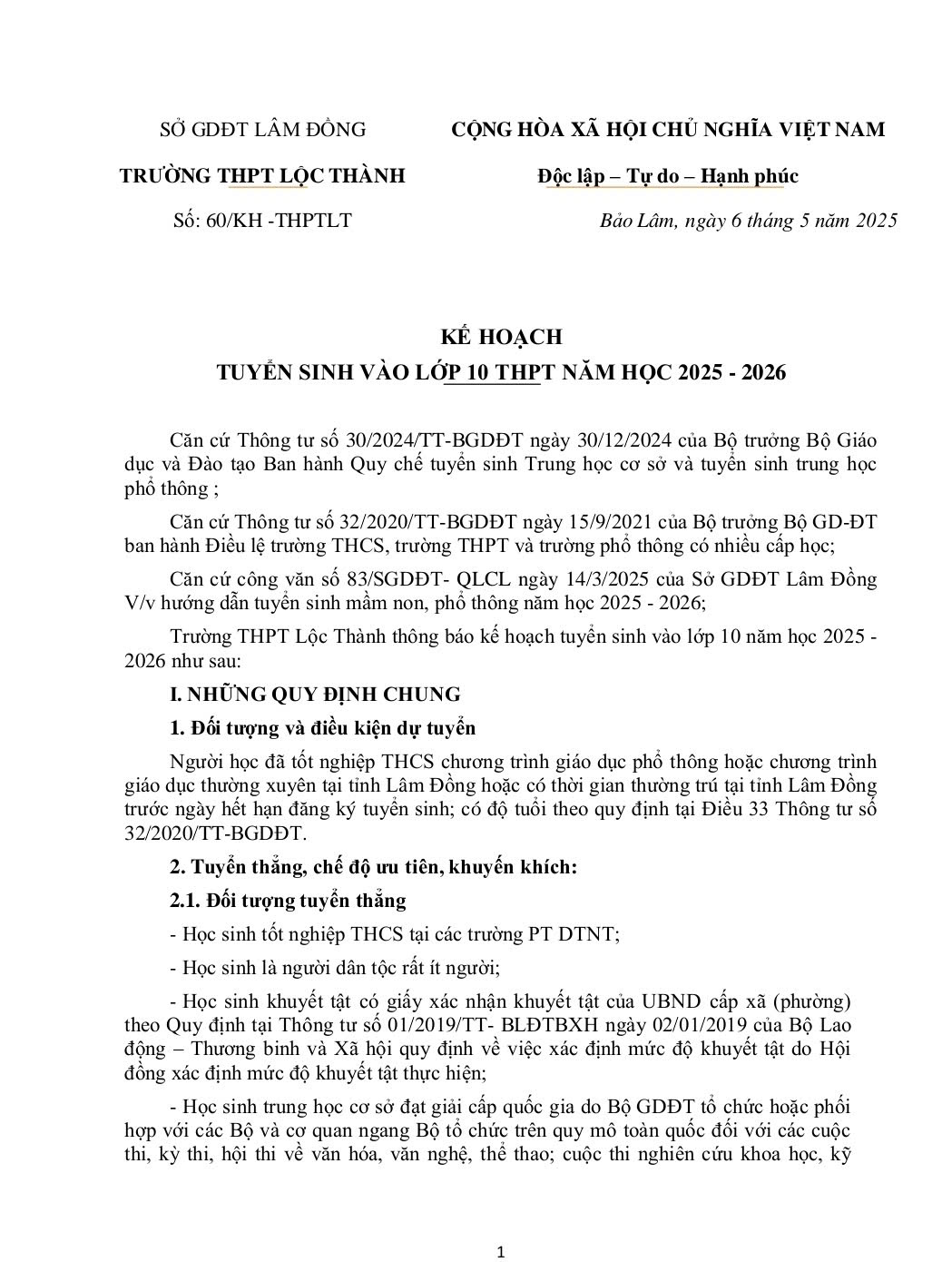 KẾ HOẠCH TUYỂN SINH VÀO LỚP 10 THPT NĂM HỌC 2025 - 2026